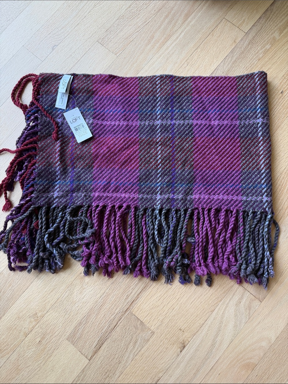 LOFT Plaid Fringe Scarf - Purple and Brown Tones